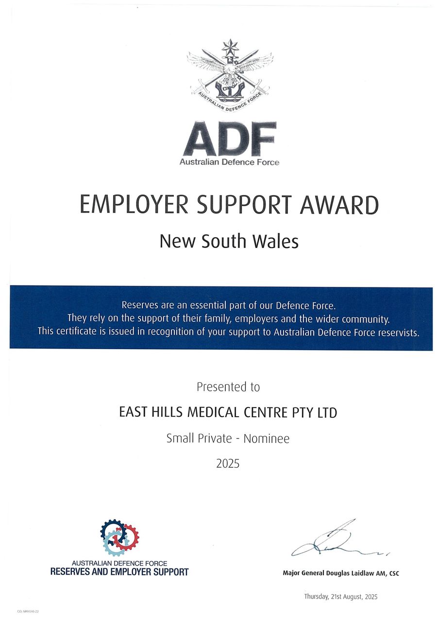 Australian Defence Force Employer Support Award New South Wales 2025 certificate presented to East Hills Medical Centre Pty Ltd, Small Private nominee